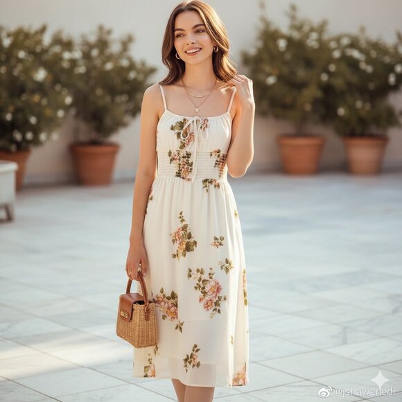 NWT J.ING FLORAL Print Tie Midi Dress - Picture 1 of 5